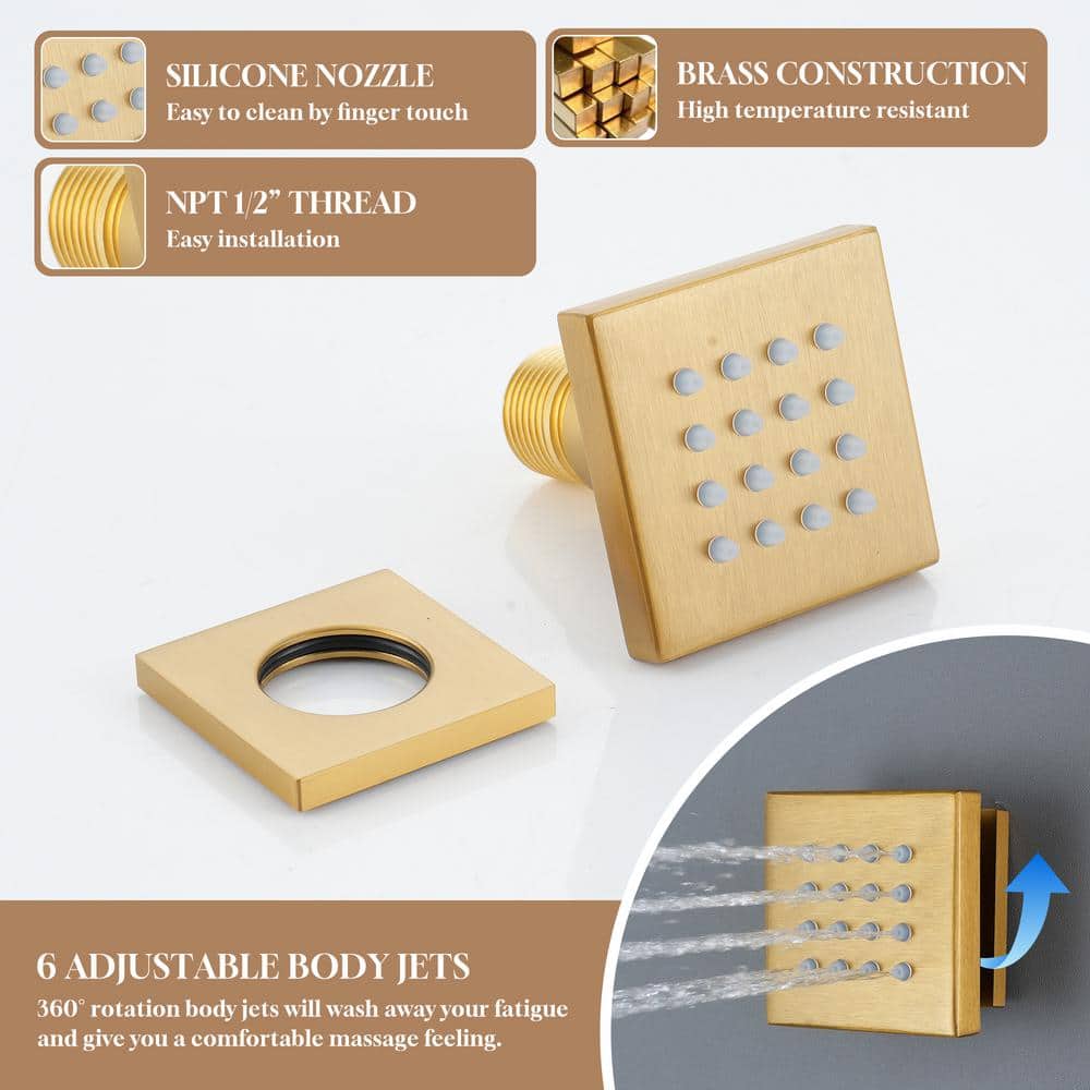 Brushed Gold Dual Rectangle Ceiling Mount Shower System with Body Jets