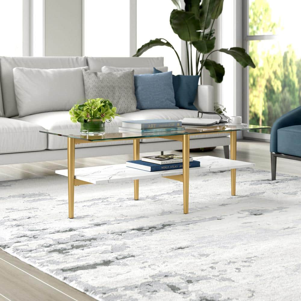 Otto 47" Brass Rectangular Coffee Table with Faux Marble Shelf