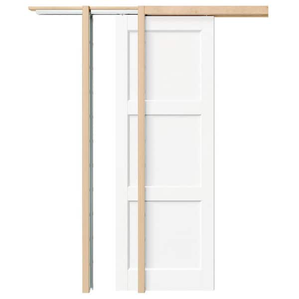 28 in. x 80 in. 3-Panel, Solid Core, DIY Painted, White Primed, MDF, Pre-Assembled Sliding Door with All Hardware