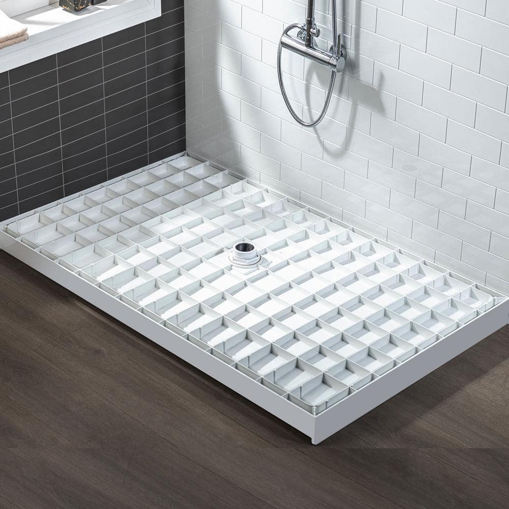 48" White Solid Surface Rectangular Shower Pan with Matte Black Drain Cover