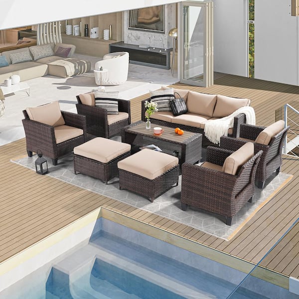 8-Piece Brown Wicker Patio Sofa Set Outdoor Furniture Set with Ottomans and Coffee Table, Sand