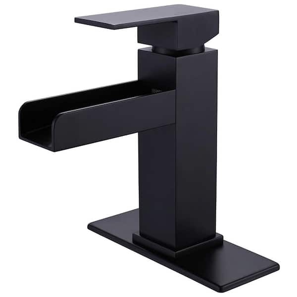 FLG Single-Handle Single-Hole Waterfall Bathroom Faucet Brass Sink Basin Taps with Deckplate Included in Matte Black