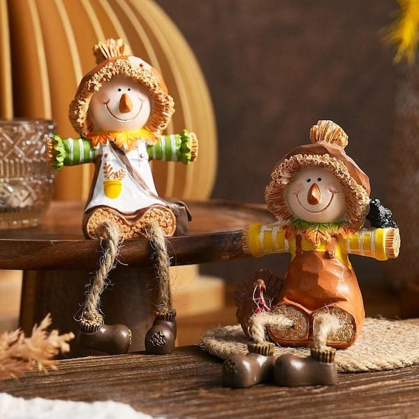 2 pack Scarecrow Fall Decor: Resin Harvest Figurines with Dangling