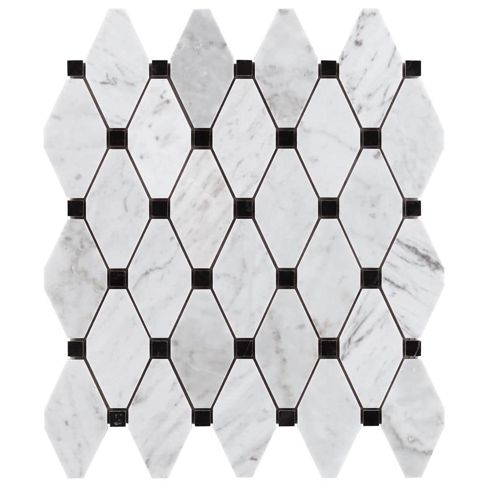 White Carrera Marble Octagon and Dot Mosaic Tile