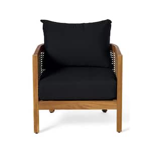 Rattler Teak Acacia Wood Outdoor Lounge Chair with Sunbrella Canvas Black Cushions