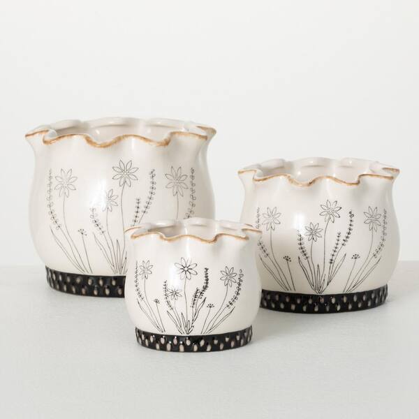 SULLIVANS 3.5 in., 4.5 in. and 5.25 in. Scalloped Floral Stone Planter - Set of 3, White
