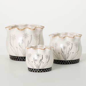 3.5 in., 4.5 in. and 5.25 in. White Scalloped Floral Stone Planter (Set of 3)