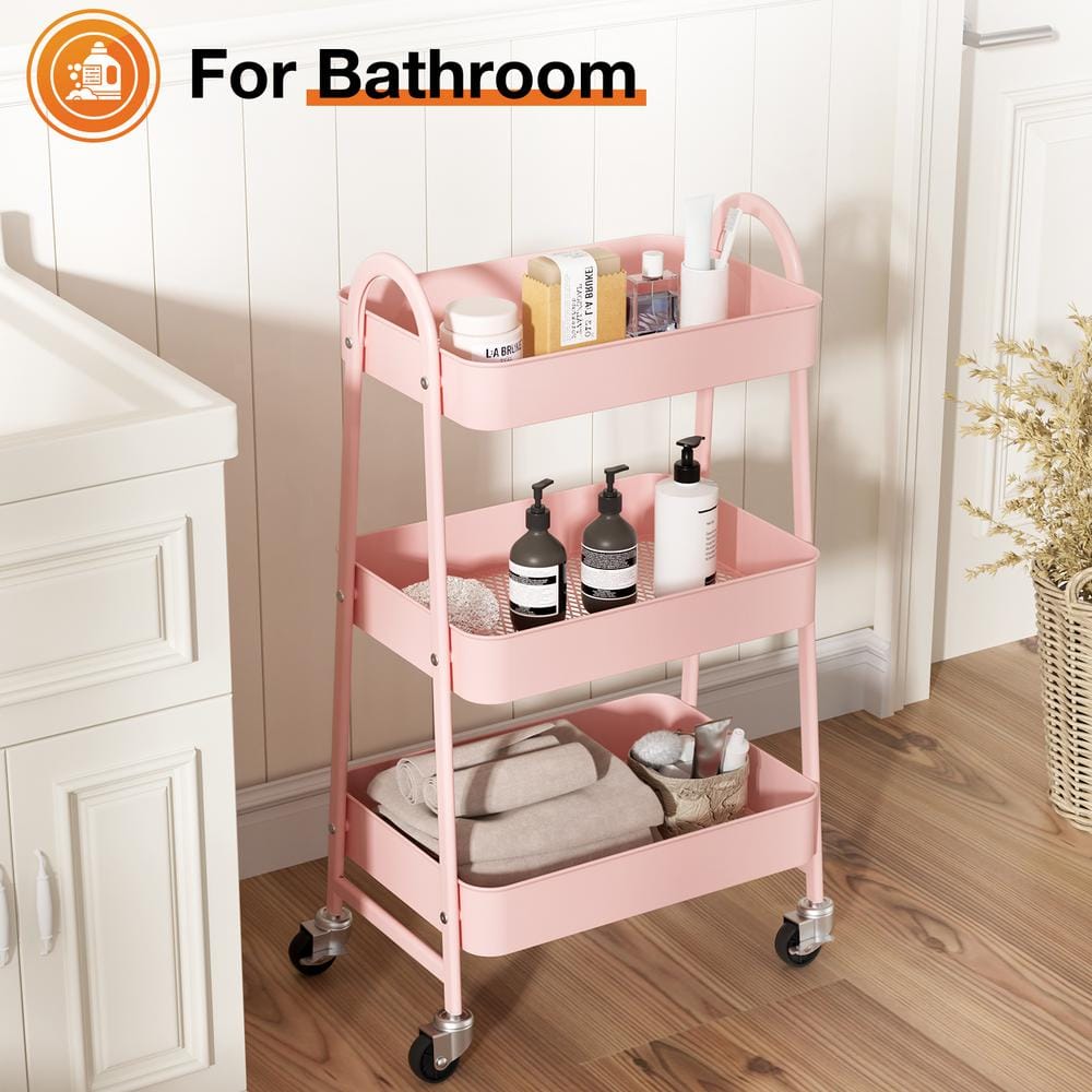 Pink 3-Tier Metal Rolling Kitchen Storage Cart with Wheels
