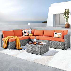 Daffodil D Gray 7-Piece Wicker Patio Conversation Sofa Set with Orange Red Cushions