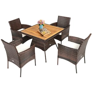 5-Piece Wicker Patio Outdoor Dining Set Acacia Wood Tabletop with 2 in. Umbrella Hole and Off White Cushions