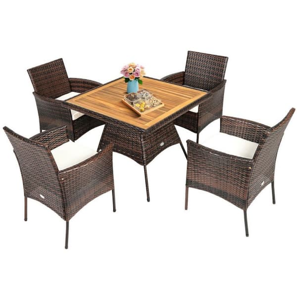 5-Piece Wicker Patio Outdoor Dining Set Acacia Wood Tabletop with 2 in. Umbrella Hole and Off White Cushions