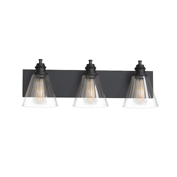 Hampton Bay Manor 24 in. Width 3-Light Vanity Light Matte Black Finish Clear Glass Shades