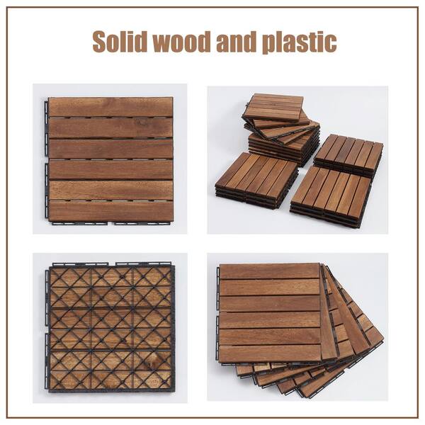 12 in. x 12 in. Striped Pattern Outdoor Acacia Wood Interlocking Deck Tiles in Brown (10-Pieces)