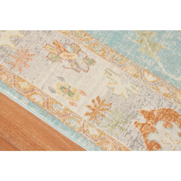 Bohemian 6 ft. X 8 ft. Aqua Border, Floral, Oriental Area Rug
