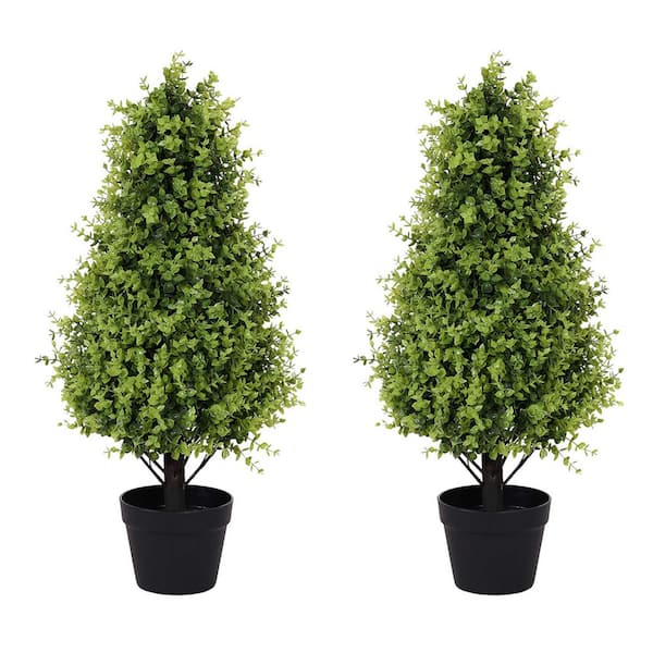 Zeus & Ruta 2 Pieces 2.5 ft. Artificial Topiary Tower Tree, UV Resistant Fake Evergreen Bushes and Shrubs for Front Porch Patio
