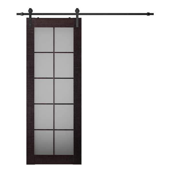 Belldinni Paola 24 in. x 80 in. 10-Lite Frosted Glass Gray Oak Wood Composite Sliding Barn Door with Hardware Kit
