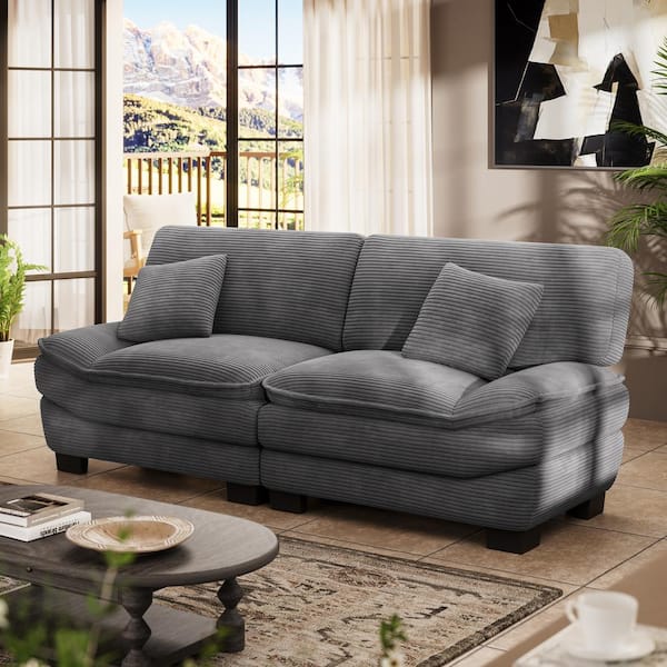 Modern 87 in. Grey Corduroy Fabric Couch 2-Seats Loveseat with Pillows, Sailboat-Shape Sofa for Living Room Apartment