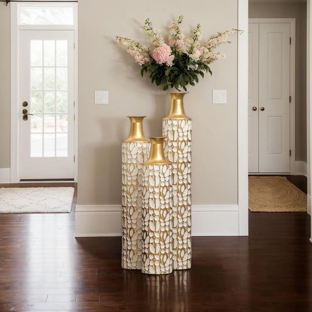 32/28/24 in. Gold Decorative High Metal Vases Set of 3 for Home Decor Vinta