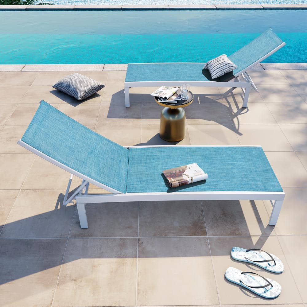 Set of 2 Blue Aluminum Adjustable Outdoor Chaise Lounges