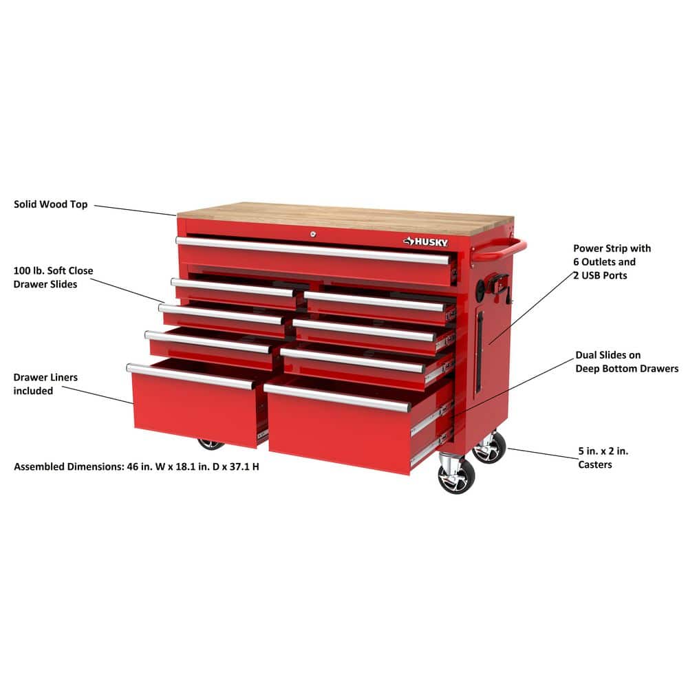Husky Tool Storage 46 in. W x 18 in. D 9-Drawer Gloss Red Mobile Workbench Cabinet H46X18MWC9RED