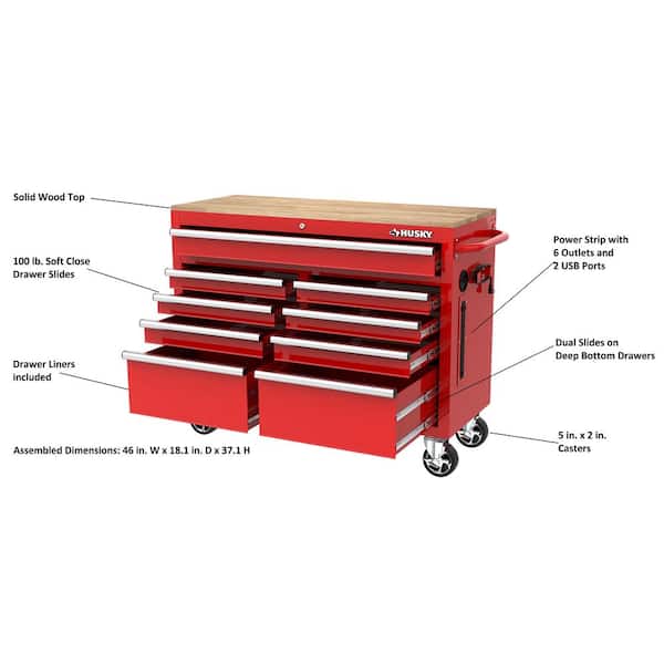 Husky Tool Storage 46 in. W x 18 in. D Gloss Red Mobile Workbench Cabinet