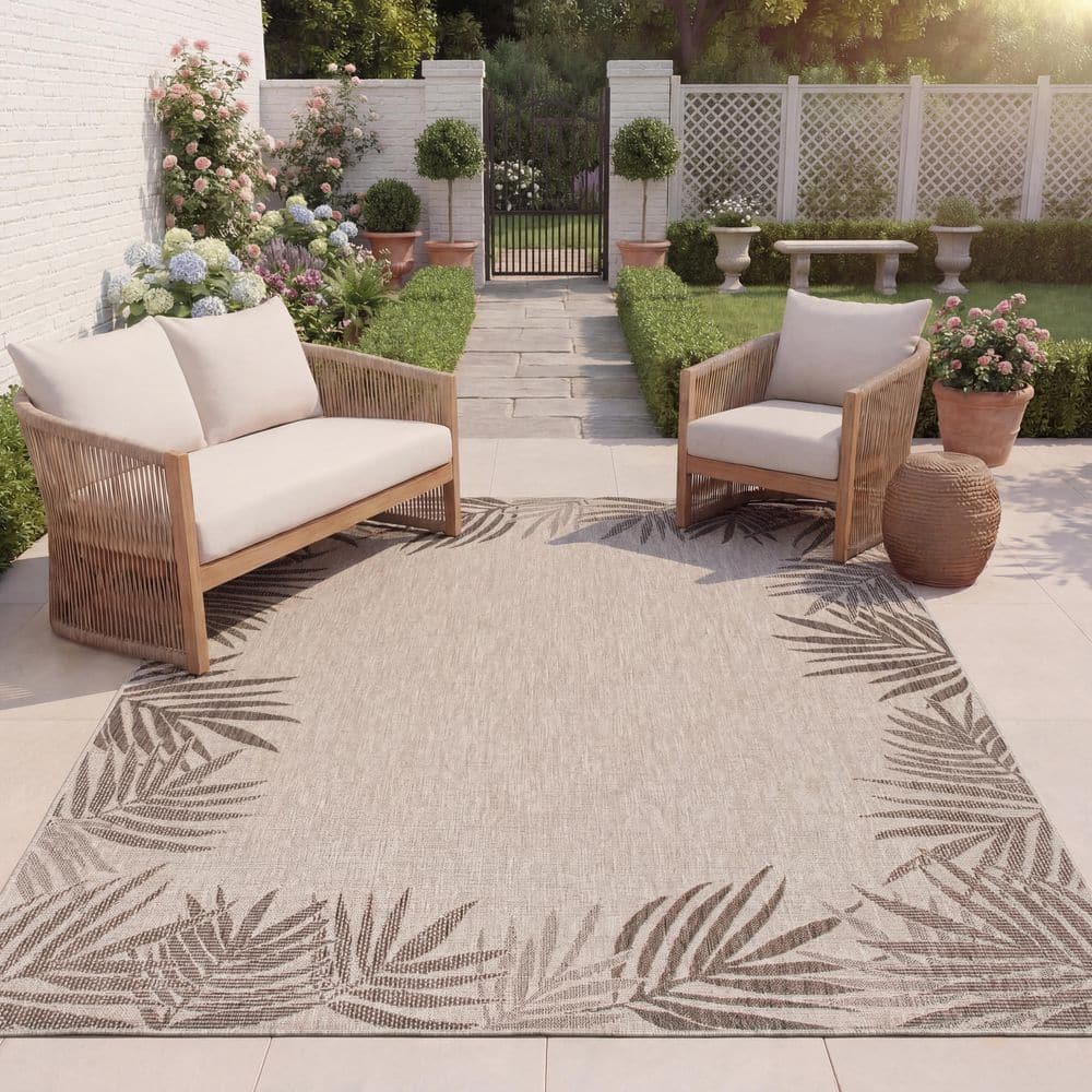 Beach House Beige/Brown 8 ft. x 10 ft. Floral Border Indoor/Outdoor Area Rug price history on PriceWatchPro