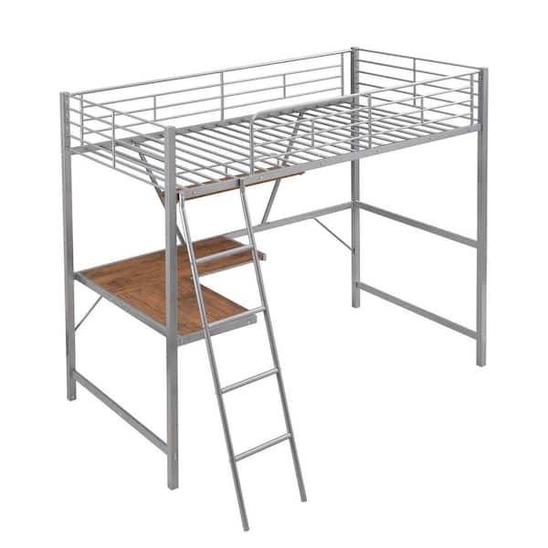 GODEER Silver Twin Size Metal Loft Bed with L-shaped Desk and Shelf