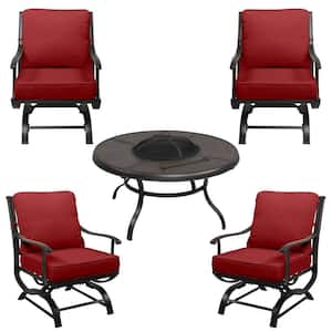 Redwood Valley Black 5-Piece Steel Outdoor Patio Fire Pit Seating Set with CushionGuard Chili Red Cushions