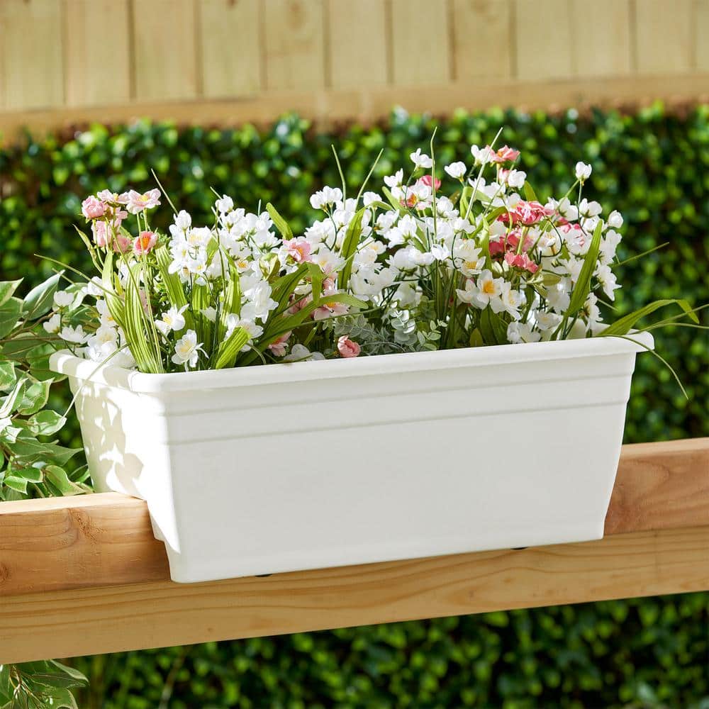 White 24-Inch Plastic Deck Rail Planter Box with Drainage Plugs