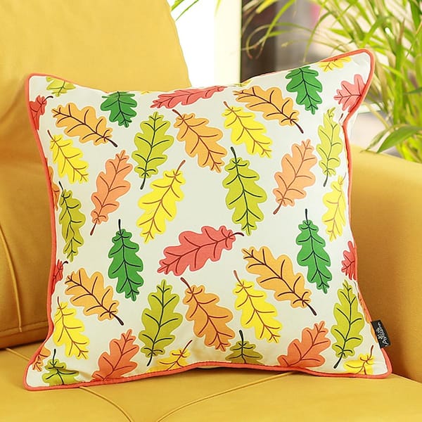 MIKE & Co. NEW YORK Fall Season Decorative Single Throw Pillow Leaves 18 in. x 18 in. White and Orange Square Thanksgiving for Couch