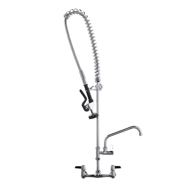 Commercial Triple Handle Wall Mount 47 in. Pull Down Sprayer Kitchen Faucet with Pre-Rinse Sprayer Solid Brass in Chrome