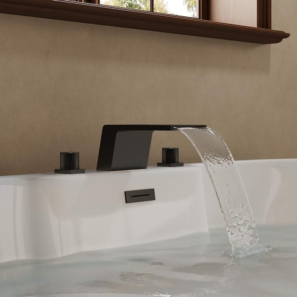 SerenityStream Widespread Double Handle Deck Mounted Roman Tub Faucet Waterfall Bathtub Faucet 5. 5 GPM in Matte Black
