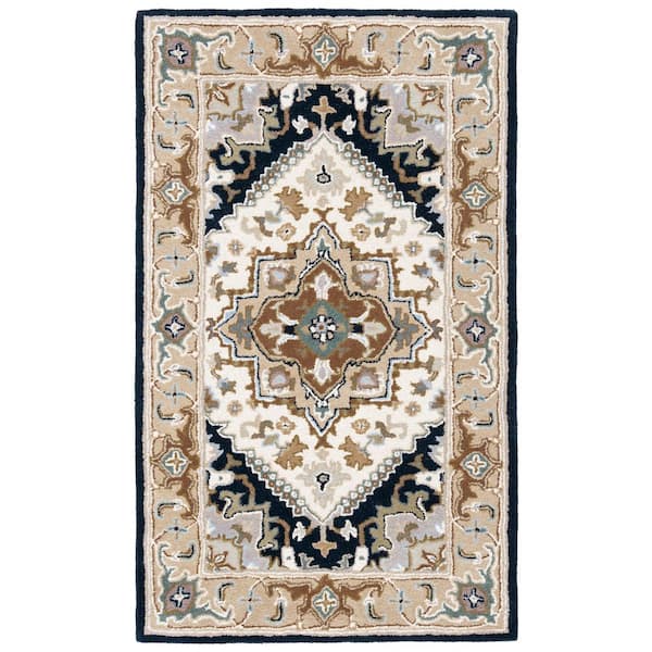 SAFAVIEH Heritage Beige/Navy Doormat 3 ft. x 5 ft. Border Floral Medallion Area Rug