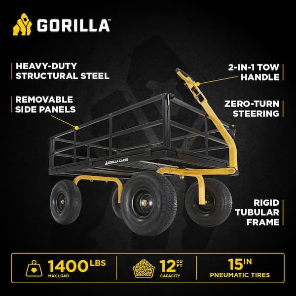 1,400 lbs. Heavy Duty Steel Utility Garden Cart, 12 cu. ft. Capacity, 15 in. Pneumatic Tires, 2-in-1 Pull or Tow Handle