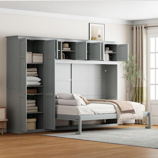 Gray Wood Frame Queen Murphy Bed with Cabinets