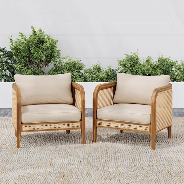 Teak Finish Outdoor Solid Wood Arm Chairs Lounge Chair with Beige Cushion (Set of 2)