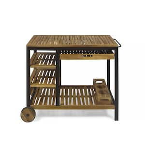 Outdoor Bar Serving Cart with Built-in Wine Rack and Drawers, Kitchen Carts with 2 Wheels