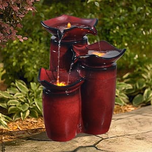 20 in. Outdoor 3-Tier Glazed Cascade Pot Floor Fountain in Red with LED Lights