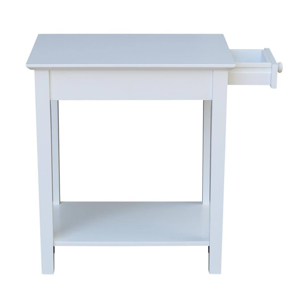 Elegant Narrow Solid Wood End Table in White with Shelf and Drawer