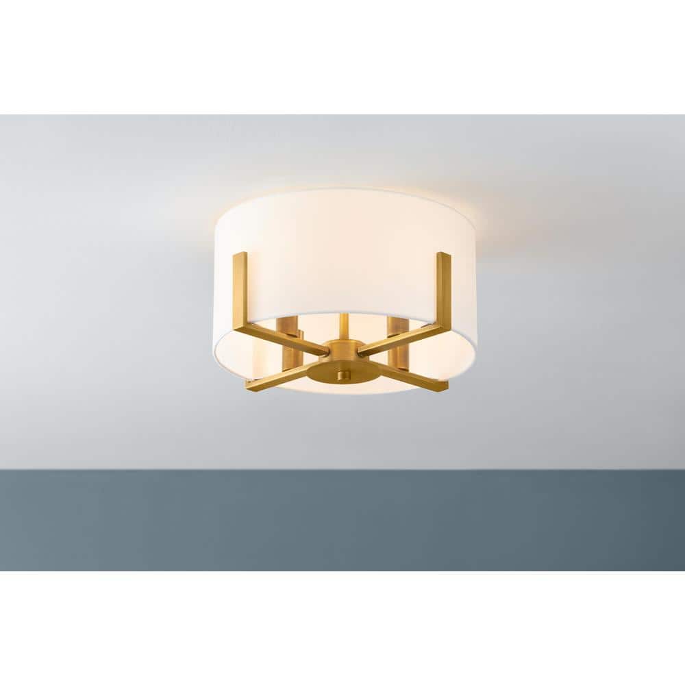 Aged Brass 4-Light Semi Flush Mount with White Drum Shade