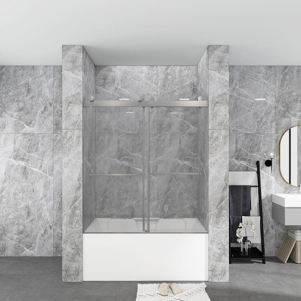 JimsMaison 60 in. W x 65 in. H Sliding Frameless Tub Door in Brushed Nickel with Tempered Clear Glass