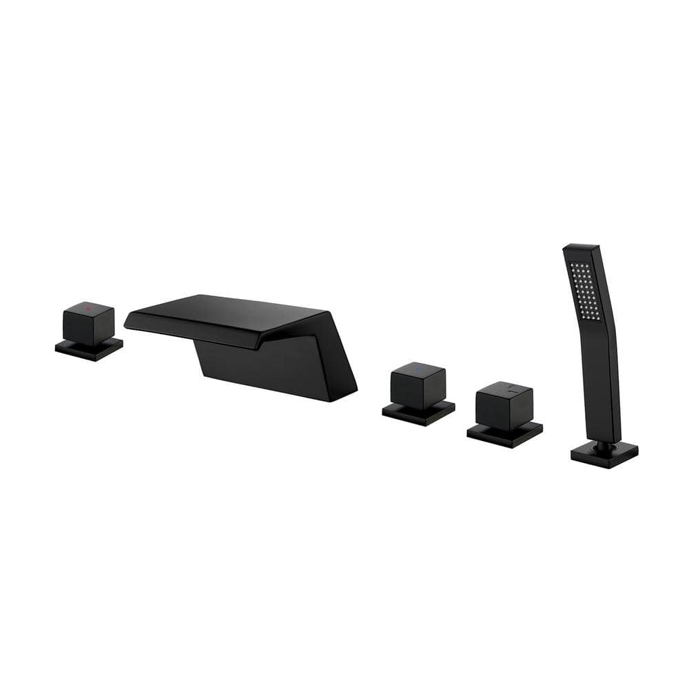 2-Handle Deck-Mount Roman Tub Faucet with Waterfall and Hand Shower in. Mat
