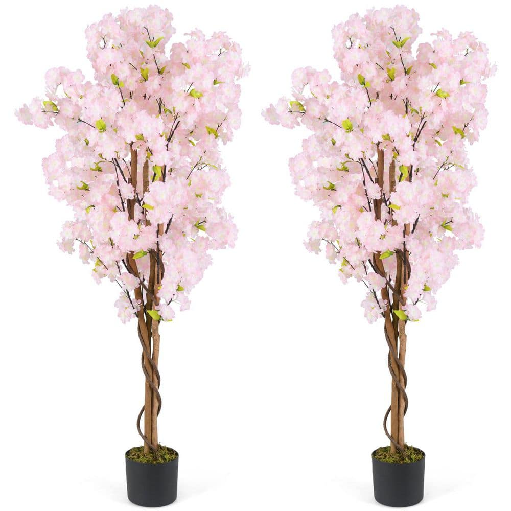 Gymax 2PCS Pink 59 in. Tall Artificial Cherry Blossom Tree Faux