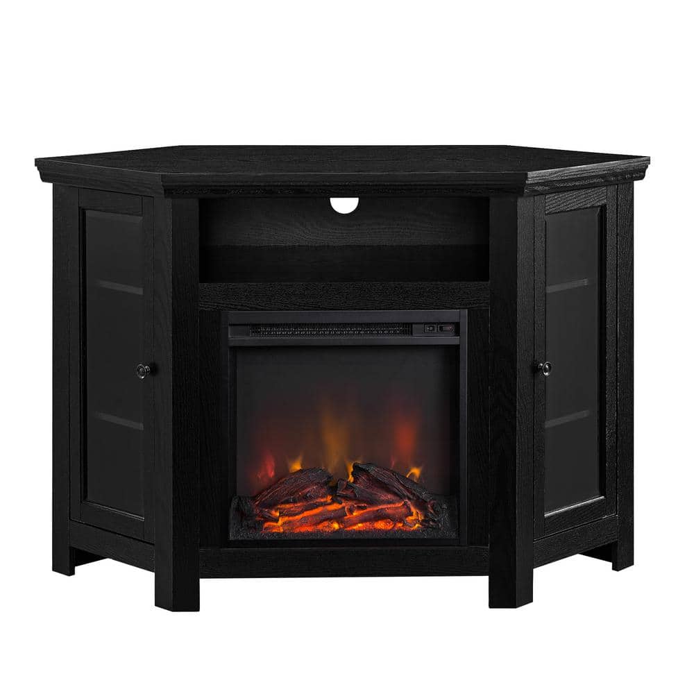 Black Corner TV Stand with Electric Fireplace and Cabinet