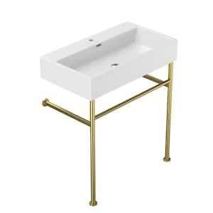 30 in. Ceramic White Single Bowl Console Sink Basin and Gold Legs Combo with Overflow