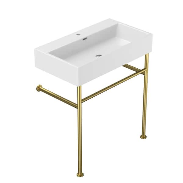 Sarlai 30 in. Ceramic White Single Bowl Console Sink Basin and Gold Legs Combo with Overflow