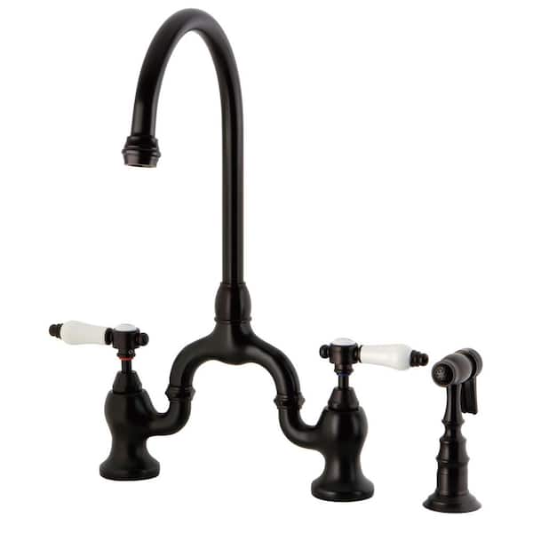 Kingston Brass Bel-Air Double-Handle Deck Mount Bridge Kitchen Faucet with Brass Sprayer in Oil Rubbed Bronze