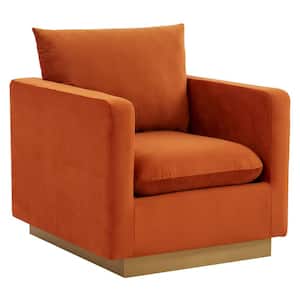 Nervo Modern Gold Frame Orange Marmalade Velvet Upholstered Accent Arm Chair With Removable cushions