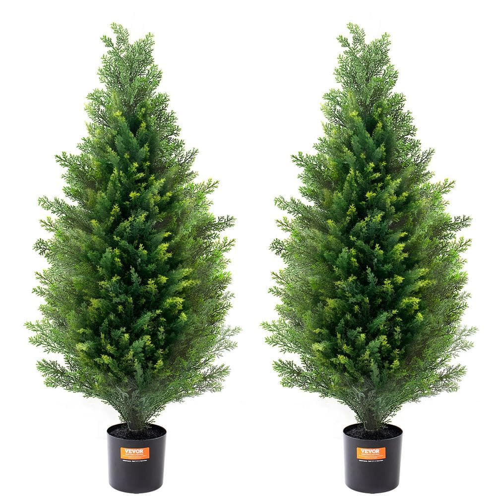36'' Green Plastic Cypress Topiary Trees with Pots, Set of 2