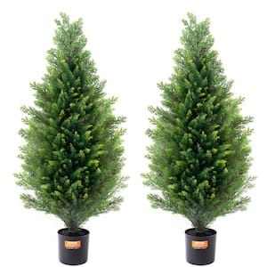 Artificial Cedar Topiary Tree, 36 in. Tall, Pot Faux Evergreen Fake Pine Cypress Trees Plant, UV Rated Greenery Set